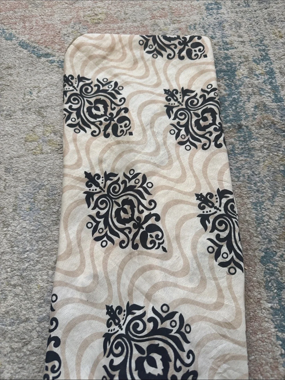 Cream and Black Printed Silk Scarf with Mustard Trim